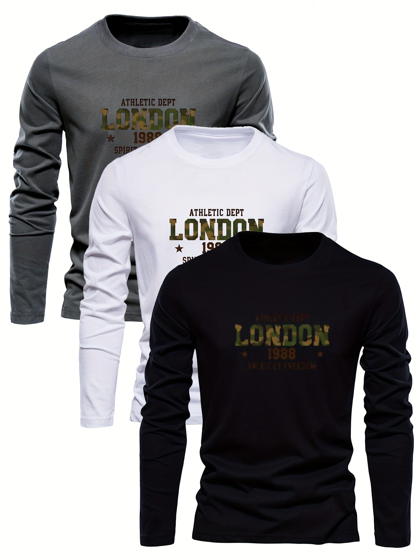3pcs Men'S Heavyweight Long Sleeve T-Shirts - Soft Crewneck Sweatshirts, Athletic Department Graphic (1986, 1999, 2001) - Beige/Black/White Color Options - Everyday Casual & Formal Wear - Breathable Tops for Men, Sweater Tops