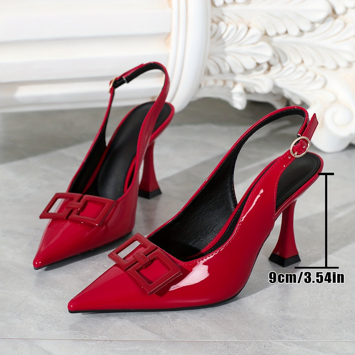 Escarpins Élégants Rouges à Talons Aiguilles pour Femme – Bout Pointu, Décor Boucle Métallique, Tige Vernie Synthétique, Parfaits pour Mariages, Soirées et Tenues Décontractées