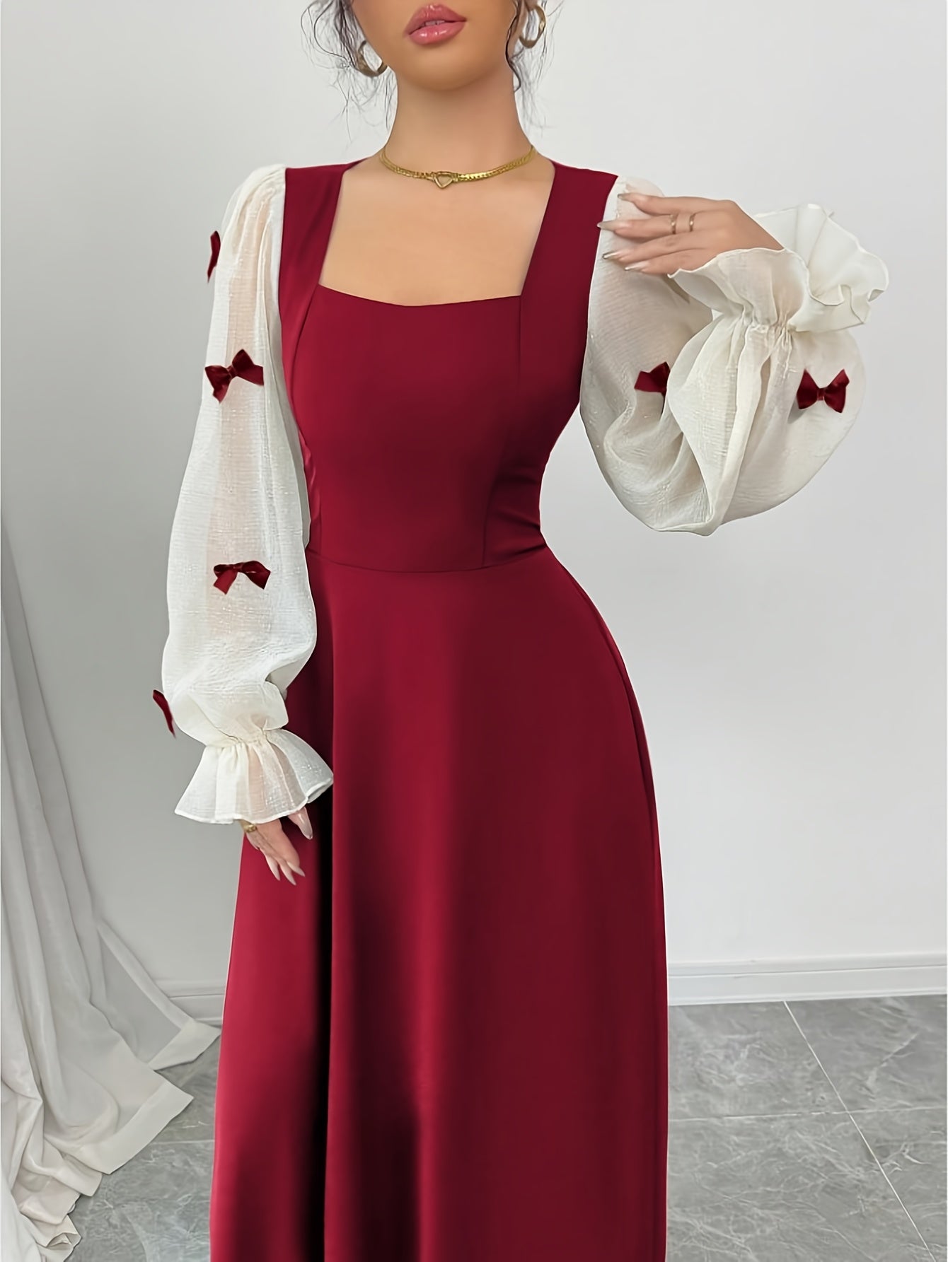 Robe élégante femme rouge bordeaux – manches bouffantes, col carré, nœud à la taille, coupe A-line longue, formelle pour soirées et mariages, lavable en machine, toutes saisons, adaptée aux talons courts ou chaussures plates