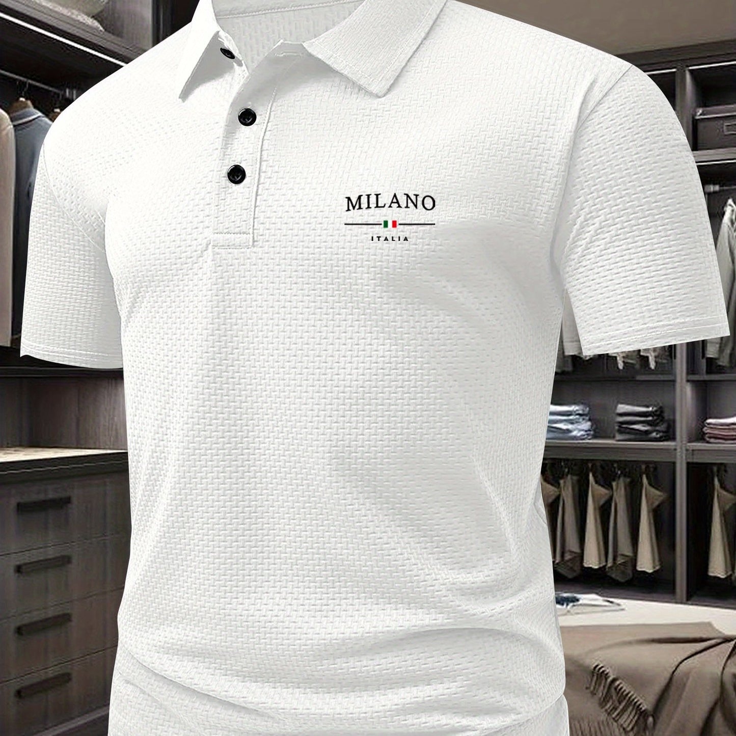 Milano Men'S Casual T-Shirt - Breathable Regular Fit Short Sleeve Shirt with Geometric Print, Button-Up Collar for Summer Comfort & Casual Attire, Comfortable Clothing, Easycare Material
