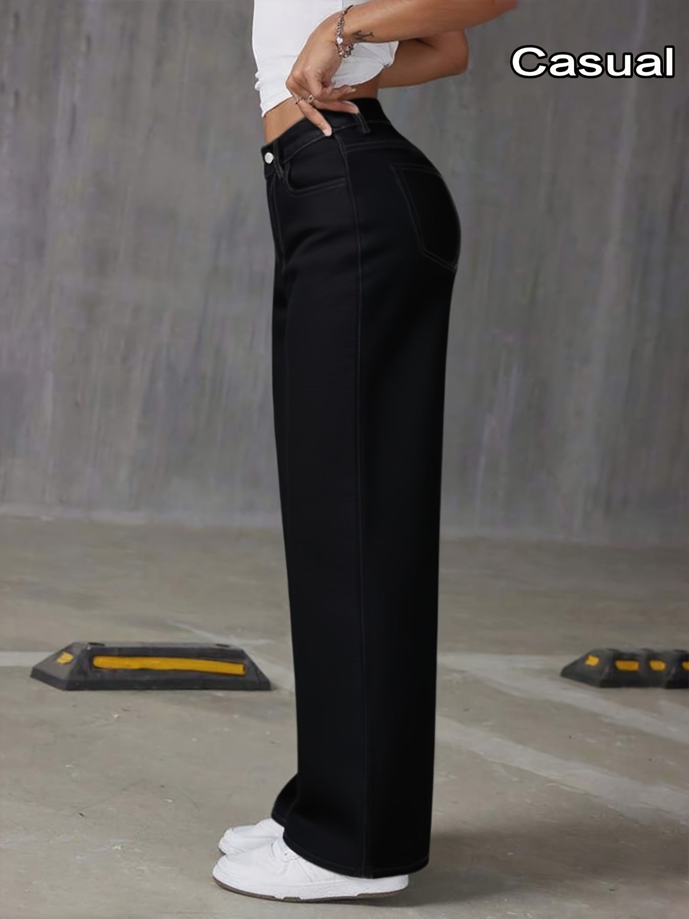 Jeans Femme Noir Jambe Large Extensible Poches Confortable Polyvalent Toute Saison Décontracté