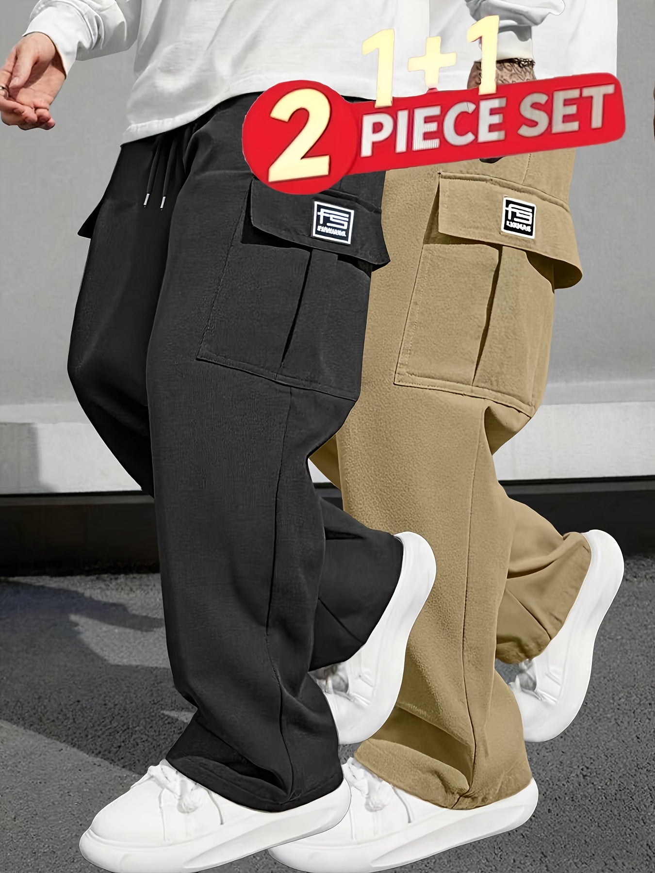 Pantalons de travail robustes pour homme (2 pièces) – cargo multi-poches, coupe ample, taille sans ceinture, poches zippées, jambe droite, idéals construction, sport et tenue décontractée, printemps