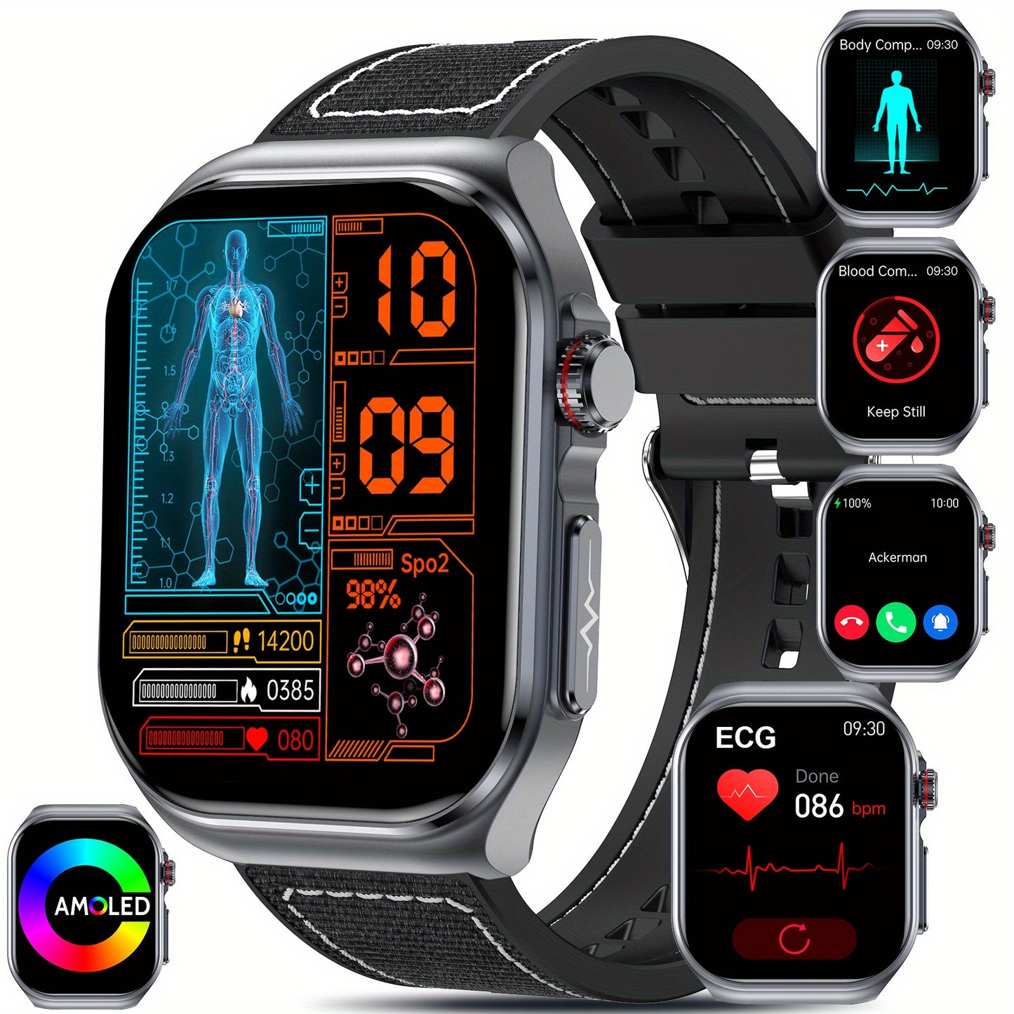Nouvelle montre connectée 2025 : grand écran AMOLED de 5,18 cm, batterie longue durée 530 mAh, appels Bluetooth 5.3, modes multisports, assistant vocal, SOS, suivi menstruel, prévisions météo, montre de suivi fitness compatible Android et iOS