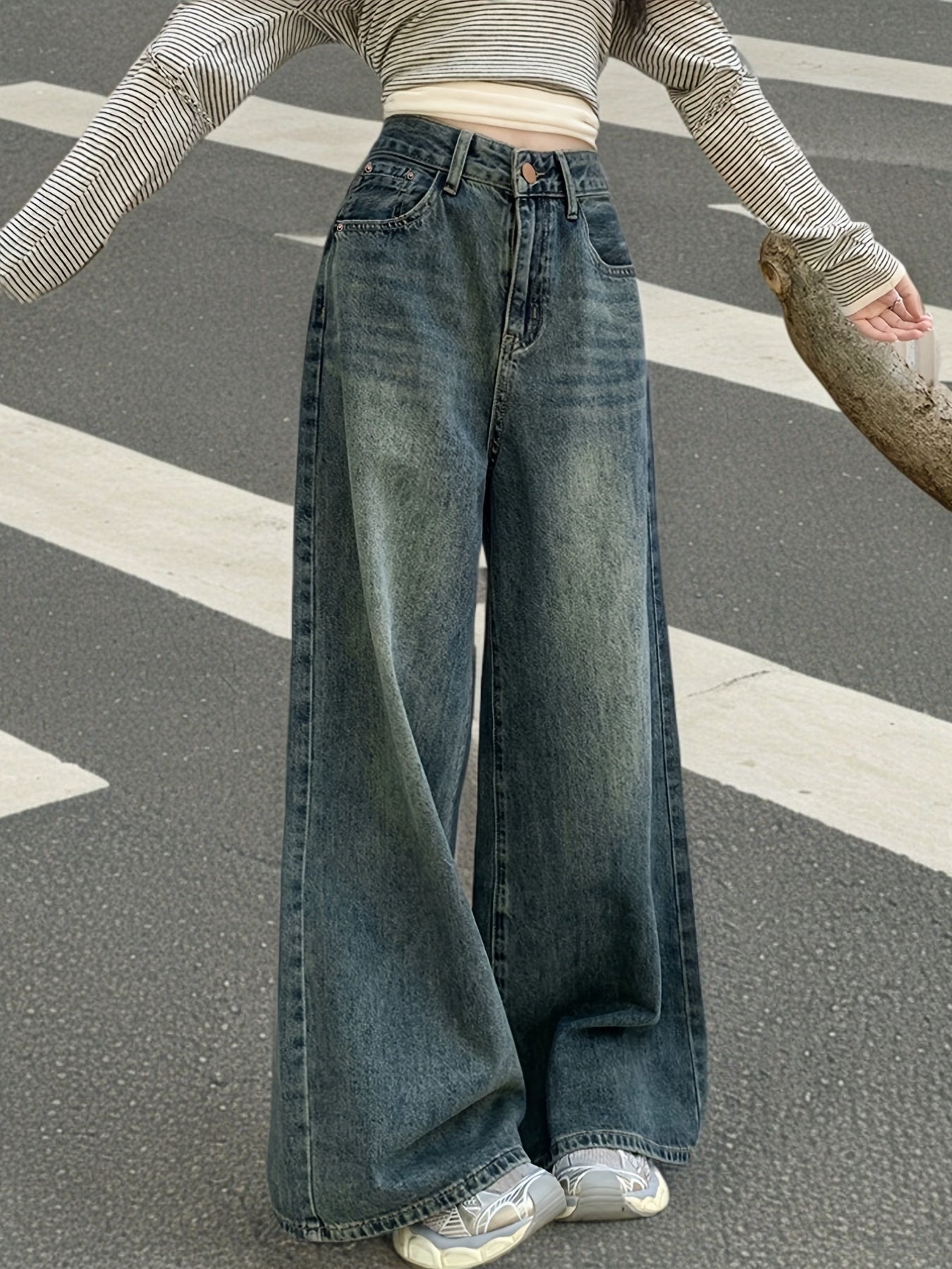 Jeans Femme Vintage Jambe Large Droite Non Extensible Taille Mi-Haute Toute Saison Décontracté et Formel