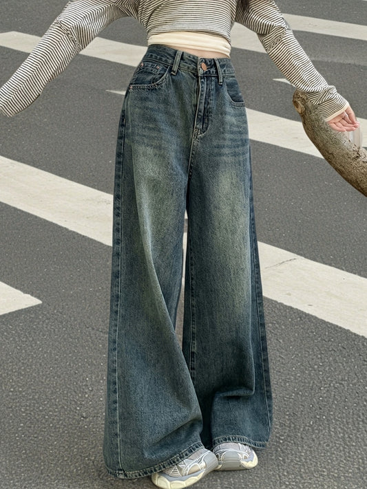 Jeans Femme Vintage Jambe Large Droite Non Extensible Taille Mi-Haute Toute Saison Décontracté et Formel