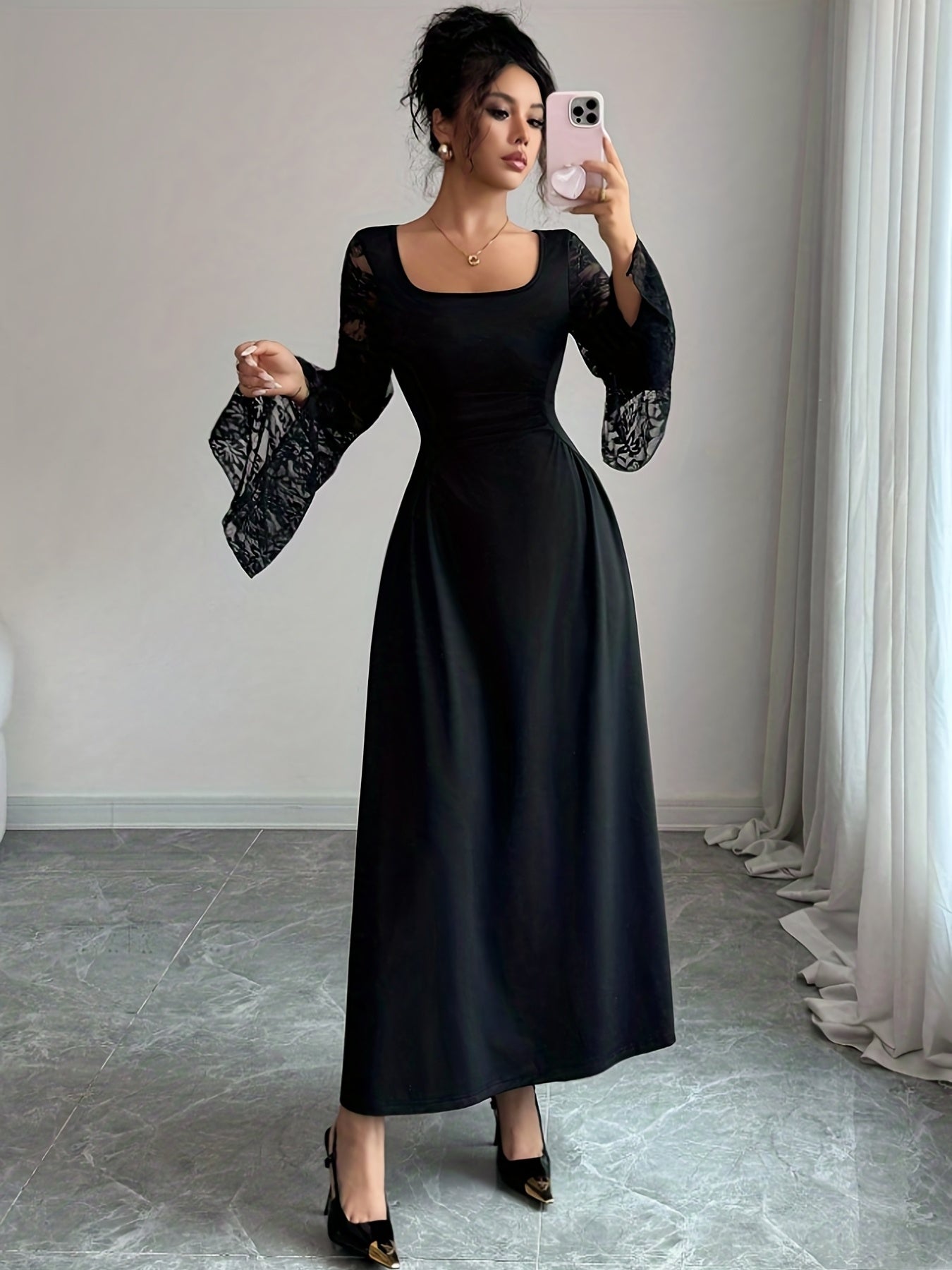 2025 New Fall/Winter Vintage Black Lace Tulle Square Neck Bell Sleeves Split Long-Sleeve Maxi Dress | Elegant Fit and Flare Silhouette with Contrast Lace Details