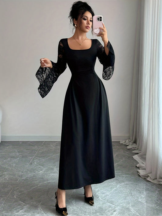 2025 New Fall/Winter Vintage Black Lace Tulle Square Neck Bell Sleeves Split Long-Sleeve Maxi Dress | Elegant Fit and Flare Silhouette with Contrast Lace Details