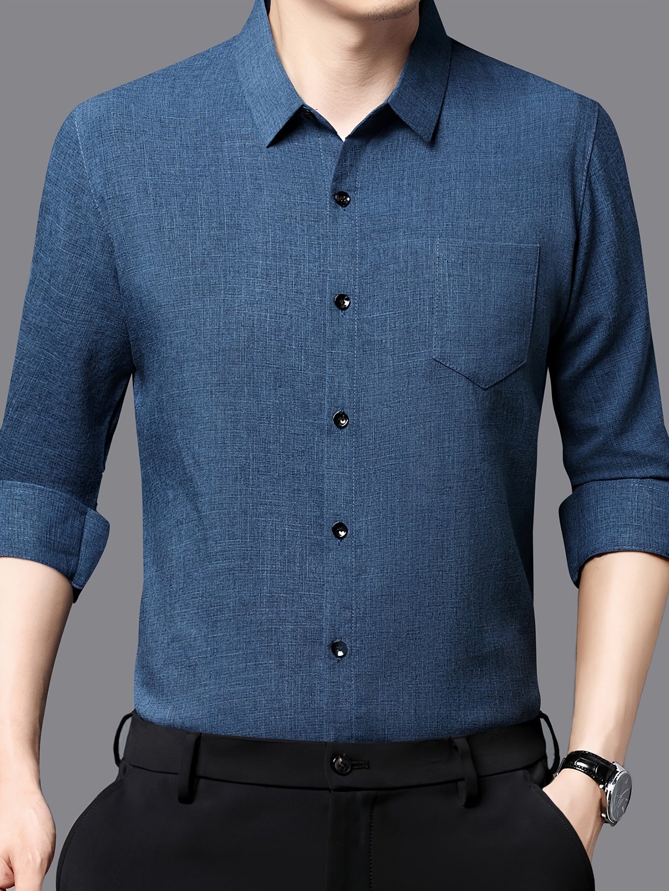 Men's Breathable Long Sleeve Shirt - Black, Button-Up Collar Design with Chest Pocket, Lightweight & Moisture-Wicking Fabric for Casual Wear, Perfect for Spring & Summer, Breathable Apparel | Classic Buttonup Shirt | Nonstret