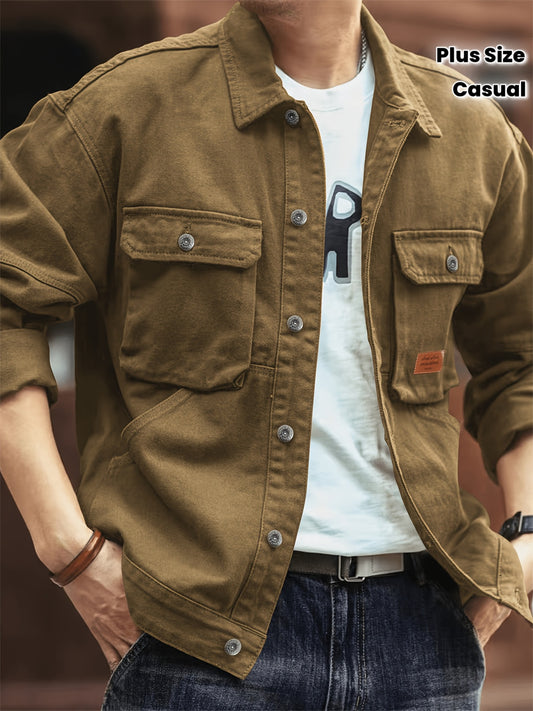 Veste Homme Grande Taille Style Militaire Vintage – Boutonnée, Multi-Poches, Tissu Non Extensible, Décontractée & Habillée