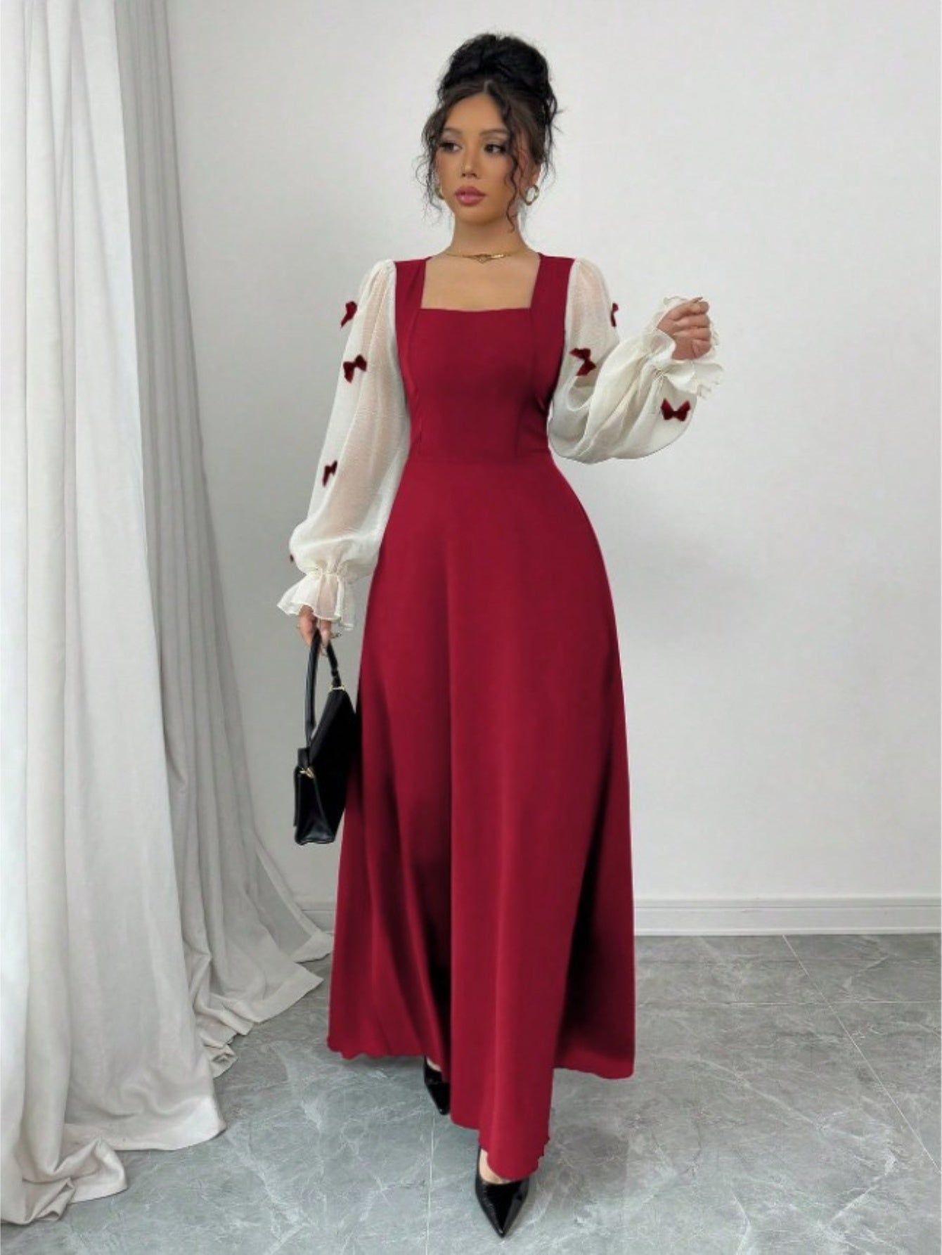 Robe élégante femme rouge bordeaux – manches bouffantes, col carré, nœud à la taille, coupe A-line longue, formelle pour soirées et mariages, lavable en machine, toutes saisons, adaptée aux talons courts ou chaussures plates