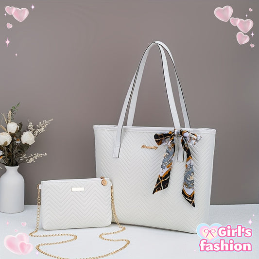 Ensemble deux pièces élégant – sac fourre-tout embossé motif vague avec compartiment tablette, sac bandoulière pour trajets quotidiens, léger, fermeture zippée, simili cuir noir/blanc, plat et portable