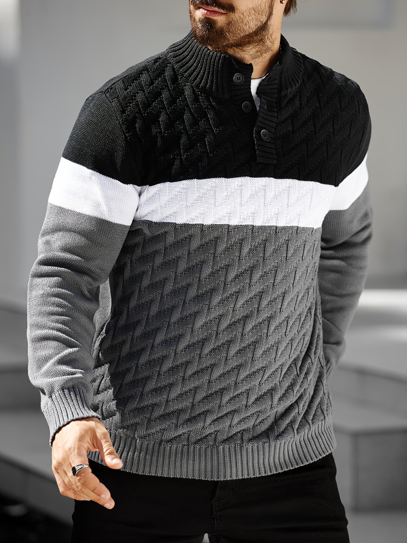 Men'S Casual Stand Collar Pullover Sweater - Stylish Quarter Button Geometric Knit Design, Long Sleeve, Regular Fit for Fall/Winter