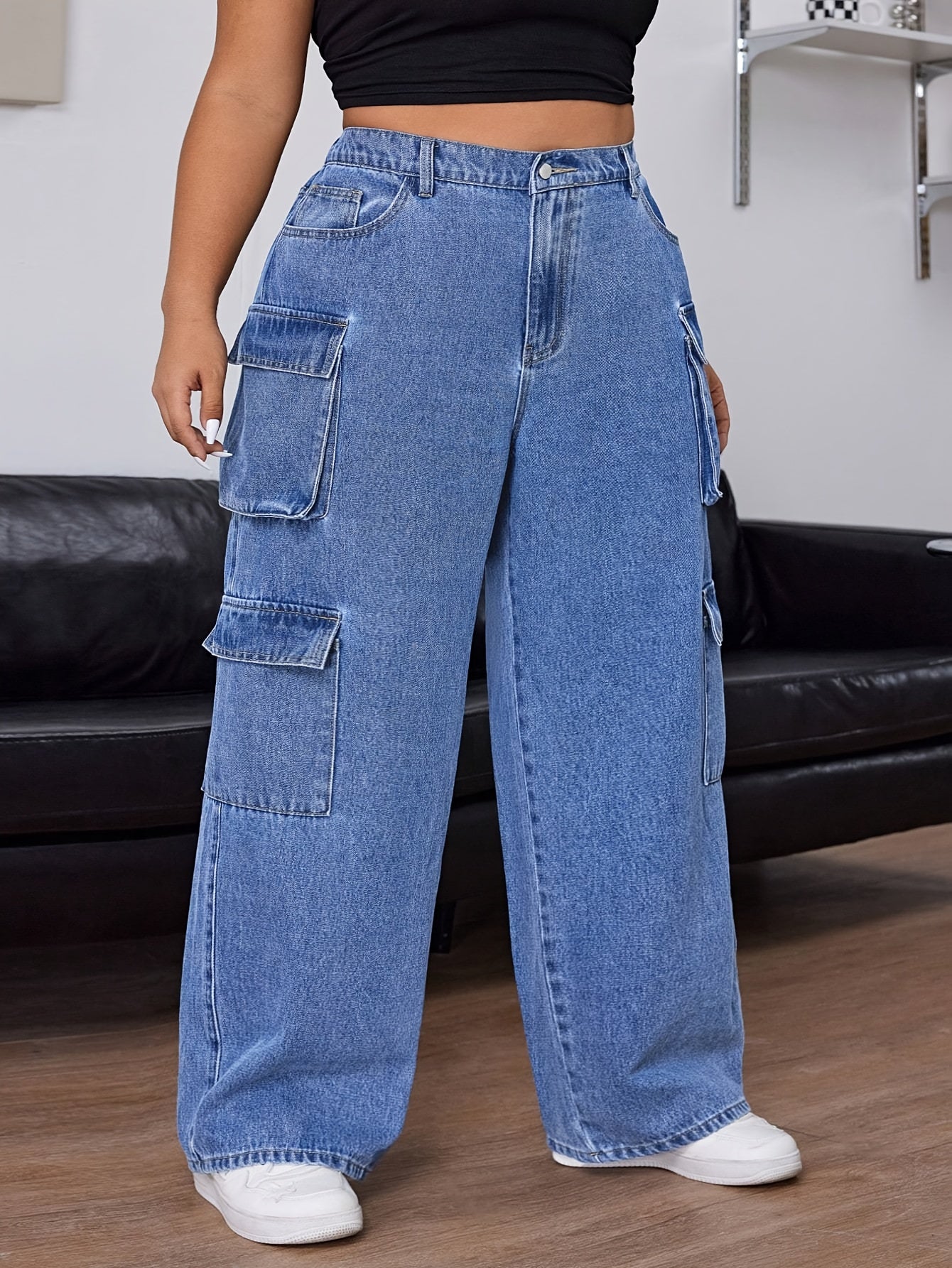 Jeans Femme Taille Moyenne – Jambe Droite avec Cordons et Multiples Poches, Extensible