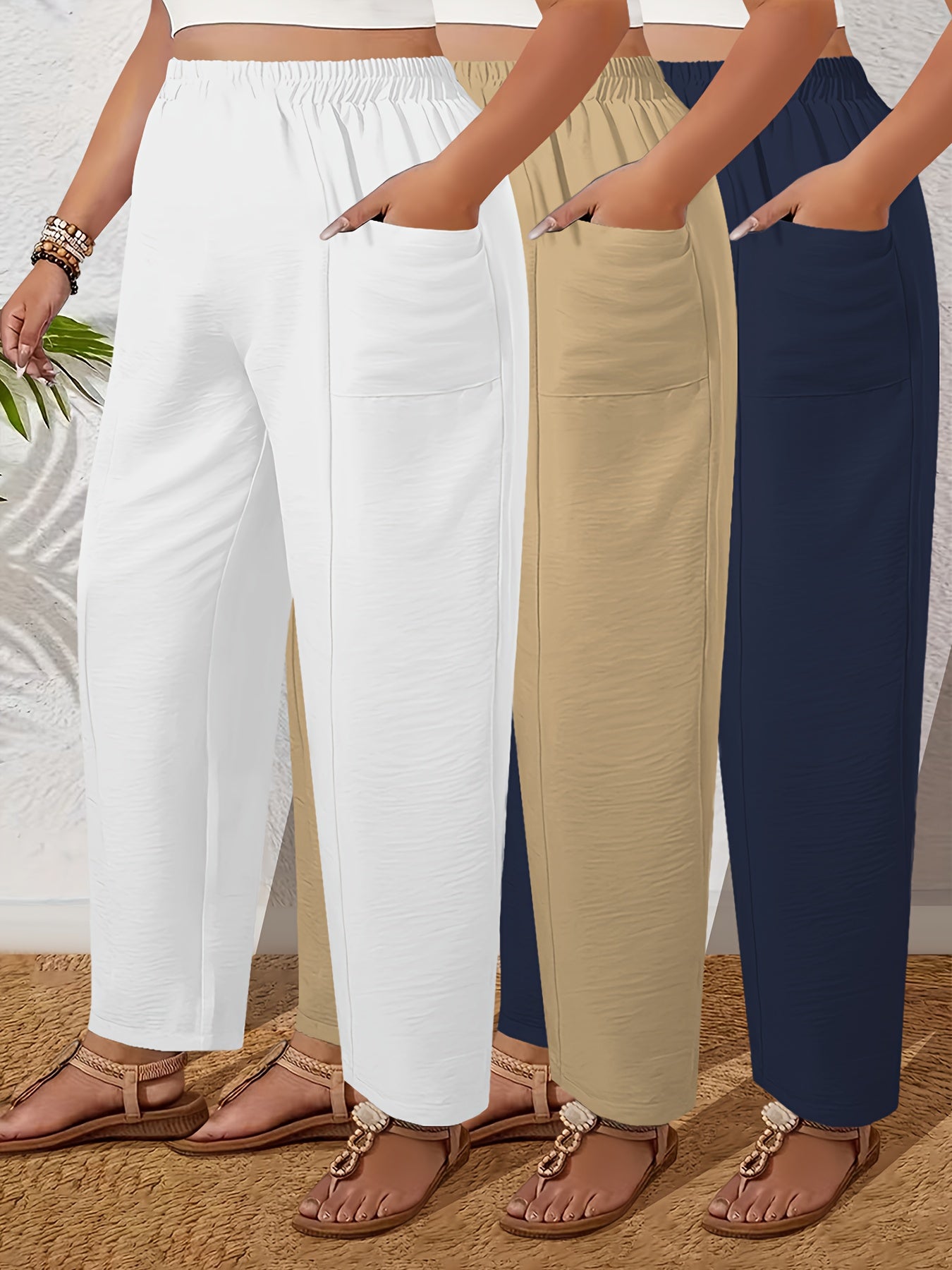 Lot de 3 Pantalons Femme Grande Taille – Taille Haute, Droits, Élastiques avec Poches, Couleur Unie, Tous Saisons