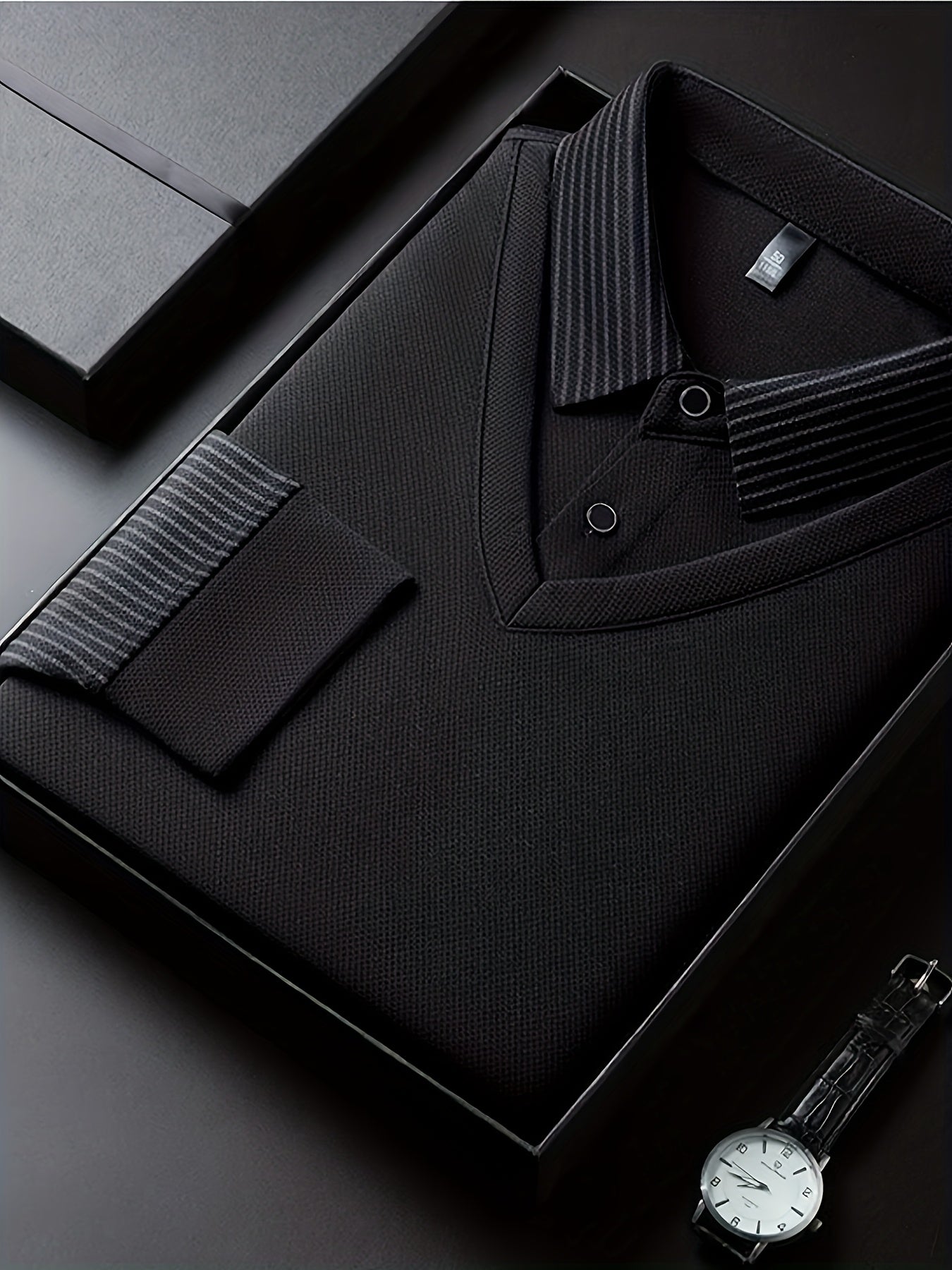 Men'S Faux Two-Piece Shirt Collar Knitwear, a Business Casual Striped Patchwork Top Featuring a Milano Letter Print Design, Available in Various Colors. It Has a Gray And Golden Contrasting Collar And Cuffs, a Simple Solid Co