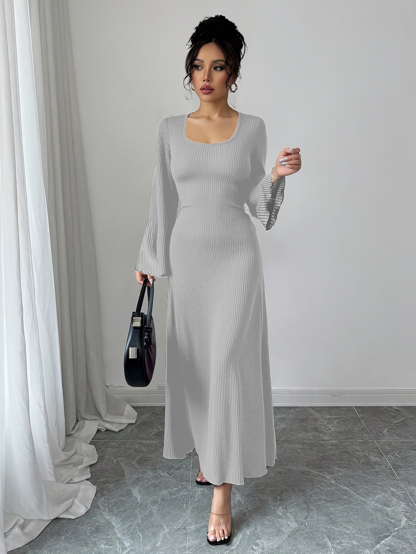 Robe Maxi Traditionnelle Femme Élégante – Couleur Unie, Manches Bouffantes, Nœud au Dos, Silhouette A-Ligne, Col Rond, Longue, Idéale Événements Formels