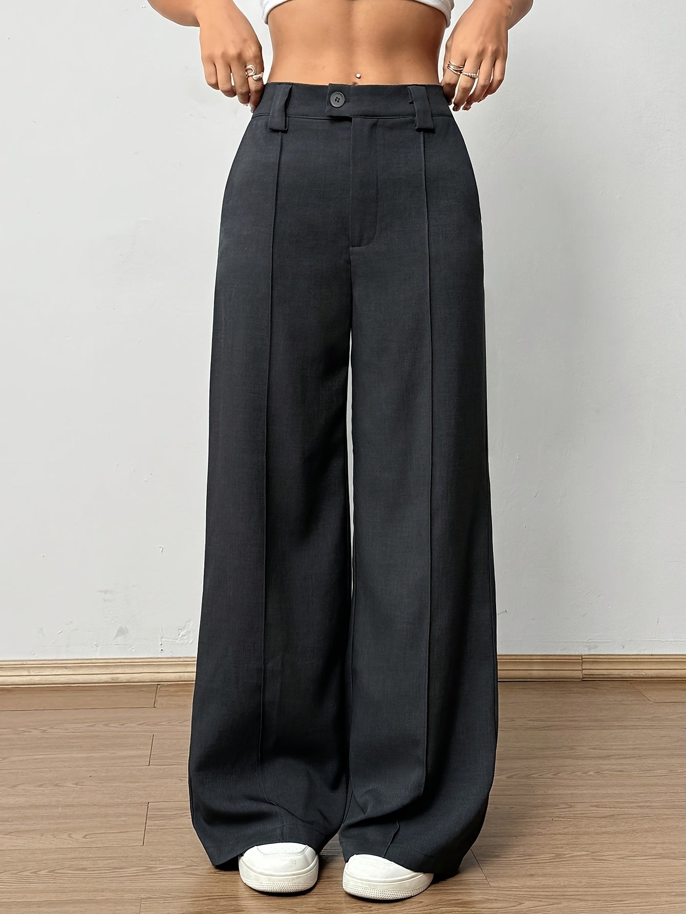 Pantalon Femme Taille Haute – Jambe Large Noir, Fermeture Boutons Sans Ceinture, Bureau et Décontracté, Tous Saisons