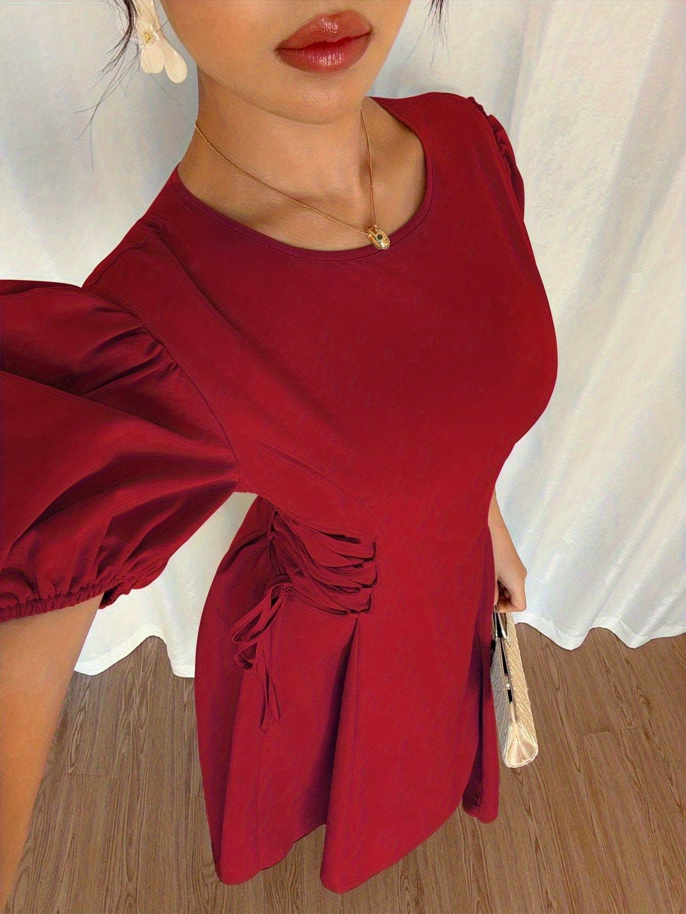 Solid Color Long Dress with Puff Sleeves, Ruffles, and Tie, Suitable for Vacation, Banquet, Party, Formal Wear, and Elegant Dress