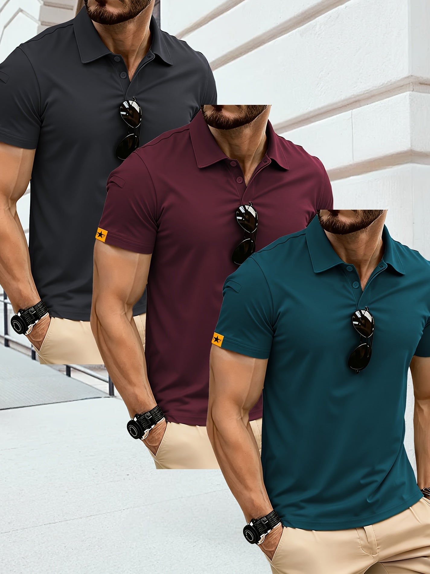 3pcs Men'S Plus Size Polo Shirts - Casual Short Sleeve, Button-Up Collar, Geometric Pattern, Regular Fit, Spring/Fall Sportswear, Golf & Tennis, Plus Size T-Shirts, PLUS SIZE, Men Polo Shirt High Quality, Men Plus Size Clothi