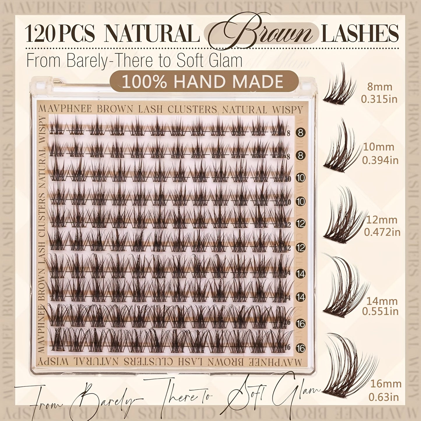 Lot de 120 Touffes de Cils Naturels Bruns – Longs et Épais, Multi-Styles, Effet Œil de Chat, Courbure D, Longueurs 8-16 mm, Idéal Débutants, Extensions DIY