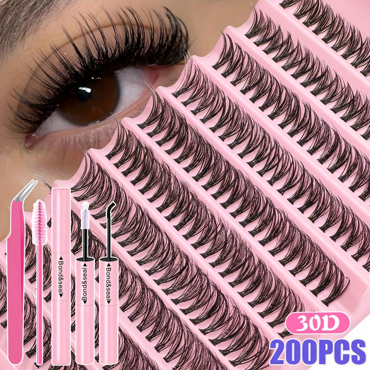 Kit d'extension de cils (160 ou 200 pièces) : extensions de cils volumineuses avec colle et fixateur, pince à épiler, touffes de cils épaisses, cils individuels fins, extension de cils courbée en D (30D, 40D, 80D, 8-16 mm).