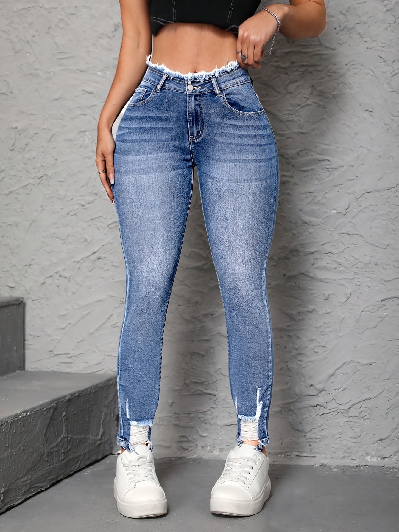 Jean skinny en faux denim pour femme - Jean extensible opaque avec fermeture éclair intégrée, coupe skinny taille mi-haute