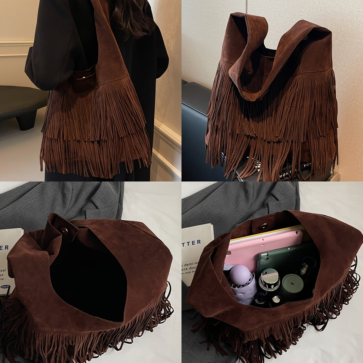 Sac Cabas Femme  Bordeaux à Franges avec Fermeture Éclair et Détails à Franges – Sac à Main Style Tote, Bandoulière Fixe, Sans Fermeture Supplémentaire – Couleurs : Café / Marron / Noir / Bleu Marine / Bordeaux