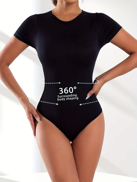 Body slim manches courtes pour femmes col rond sans couture couleur unie contrôle du ventre sous-vêtement respirant combinaison de yoga extensible