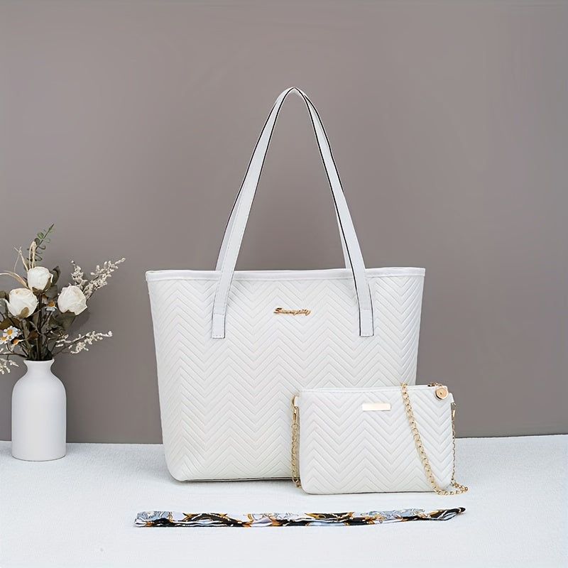 Ensemble deux pièces élégant – sac fourre-tout embossé motif vague avec compartiment tablette, sac bandoulière pour trajets quotidiens, léger, fermeture zippée, simili cuir noir/blanc, plat et portable