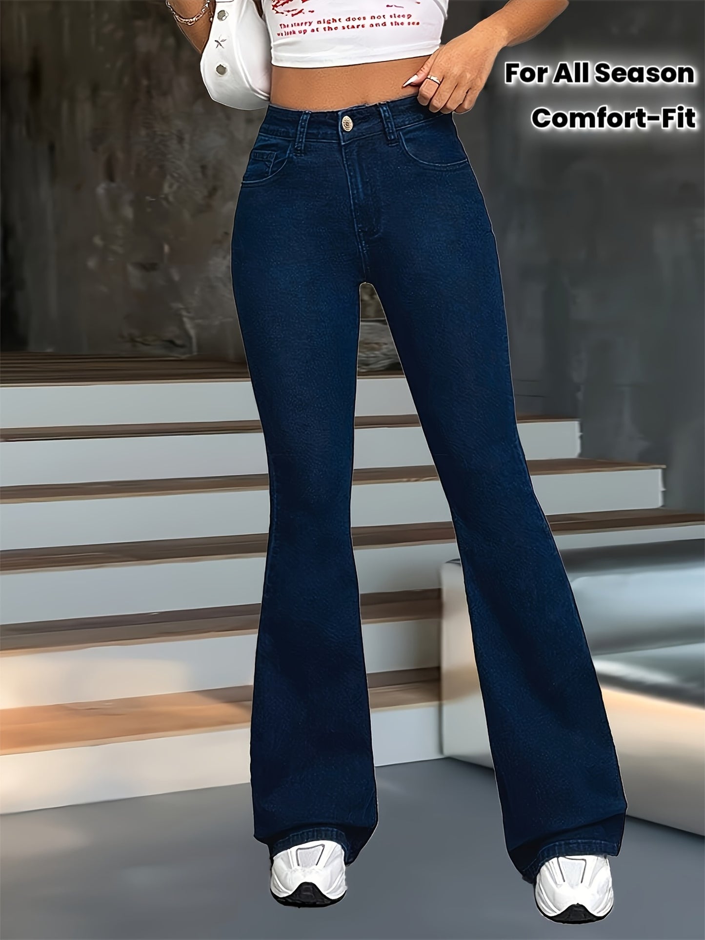 Jean Évasé Taille Haute Femme – Bleu Foncé, Extensible, Boutons Détail, Confort Toute Saison