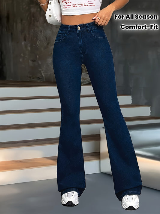 Jean Évasé Taille Haute Femme – Bleu Foncé, Extensible, Boutons Détail, Confort Toute Saison