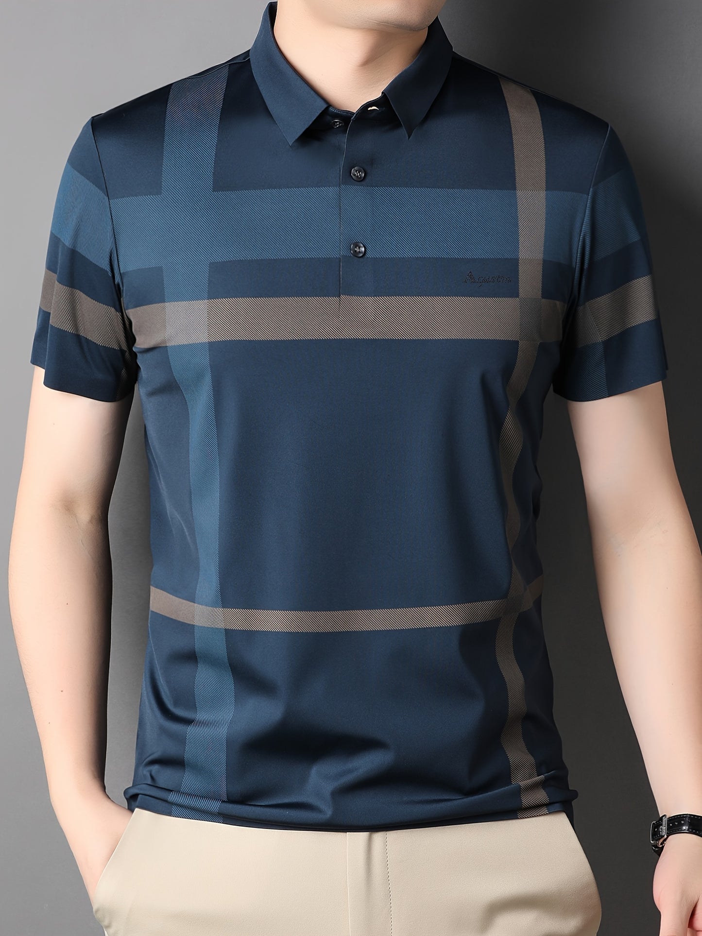 Summer New Men's Short Sleeve T-Shirt with Plaid Collar