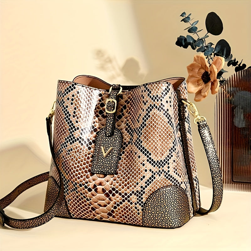 Sac à Épaule Élégant Femme – Imprimé Serpent Marron et Beige, Fermoir Rond Métallique Stylé, Poches Zippées, Bandoulière Amovible, Doublure Polyester, Accessoire Mode | Design Imprimé Serpent | Fermeture Zippée