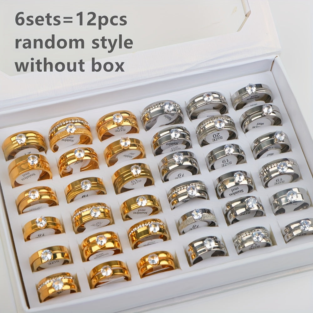 12pcs JuanMaoJuan Couple Rings - Stainless Steel Wedding Bands for Women & Men, Matching His & Hers Rings Suitable for Wedding, Party, Casual Attire - Bulk Pack (No Box Included)