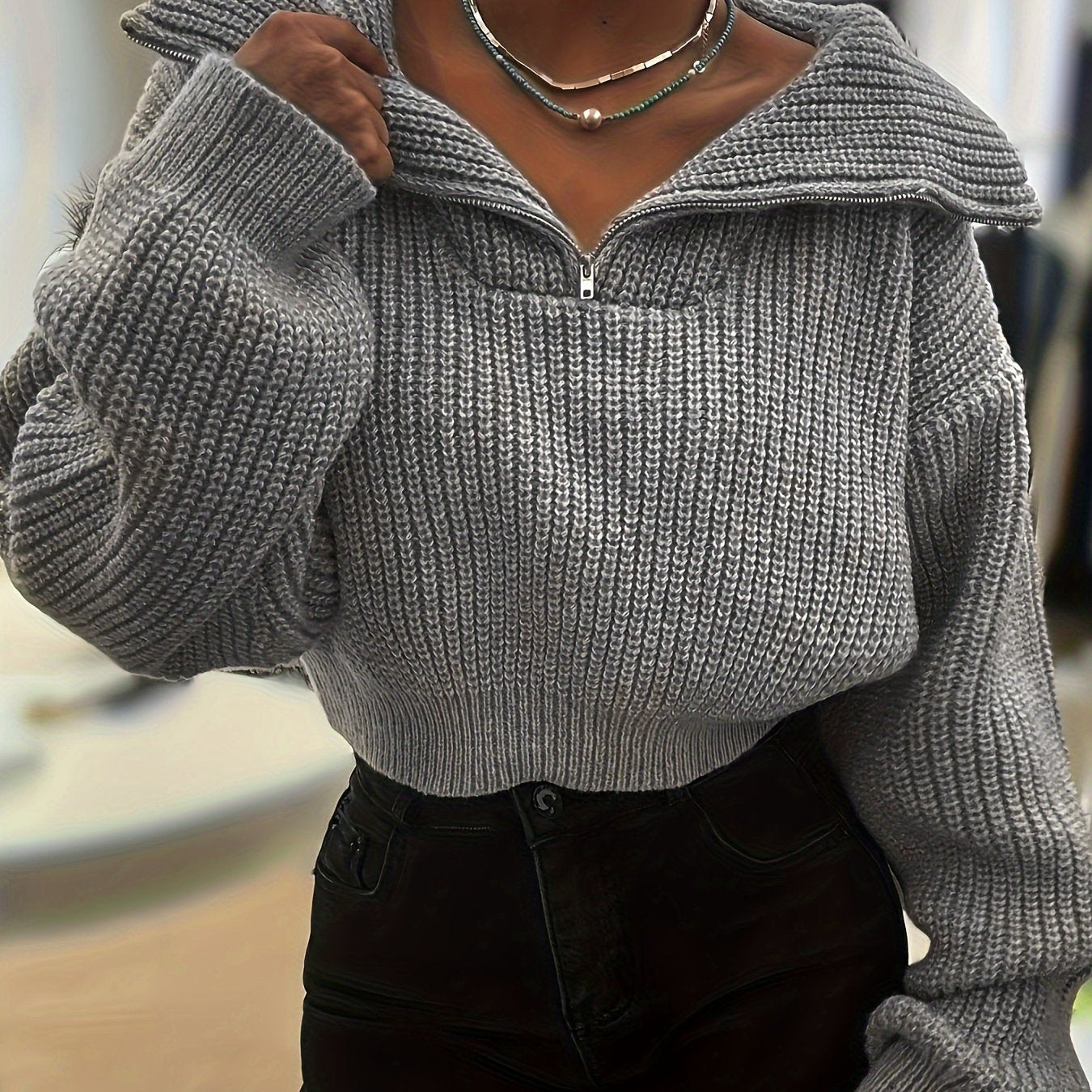 Pull court femme automne-hiver à demi-zip et manches lanterne – Pull côtelé élégant, coupe slim, tissu stretch mi-épais, lavable en machine, style décontracté chic, détail côtelé plié