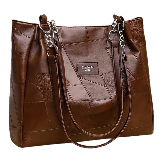 Sac à main élégant grande capacité – style rétro, multifonction, fermeture zippée, bandoulière fixe, doublure polyester, pour travail, voyage et usage quotidien, marron foncé/noir