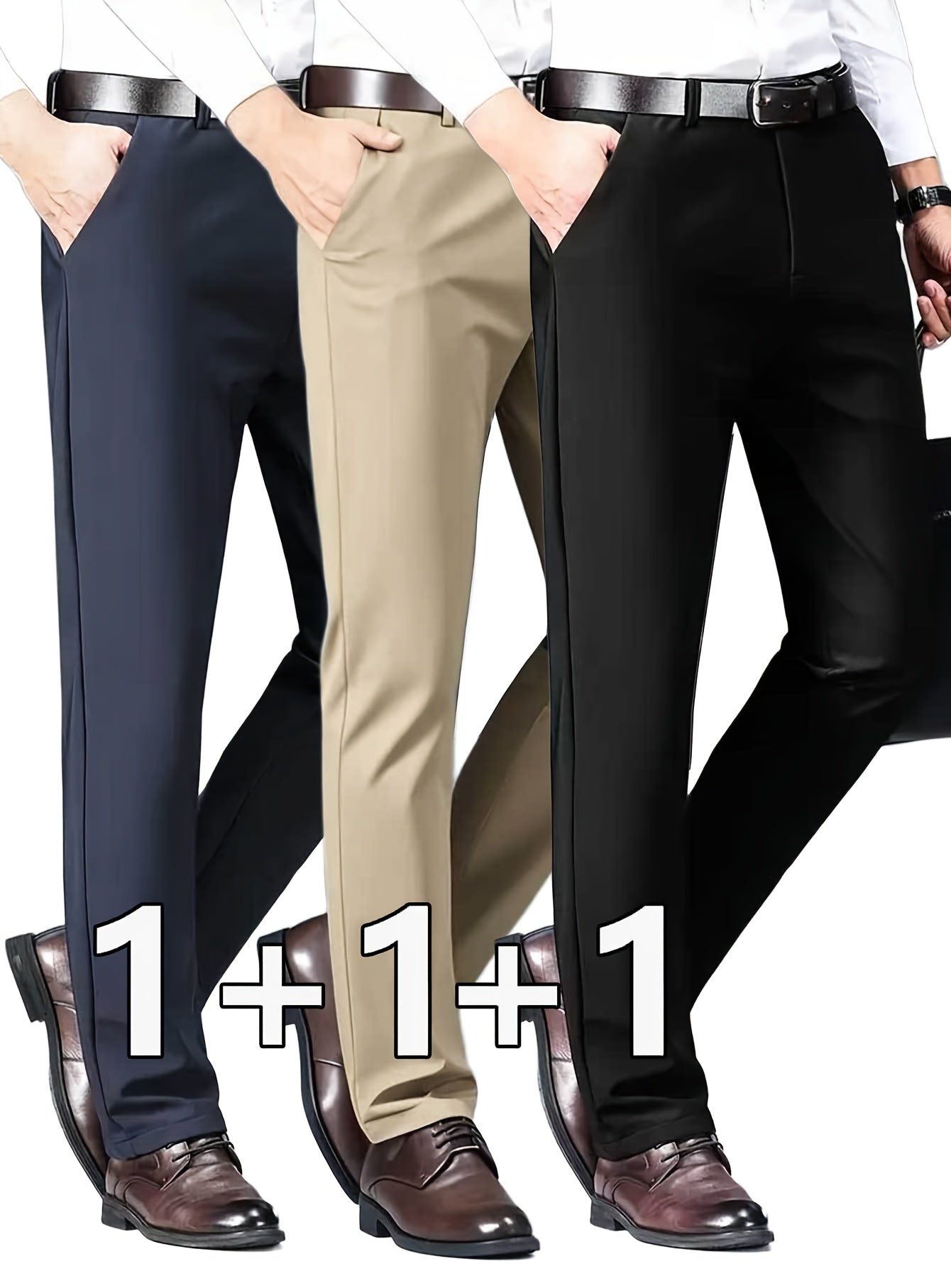3pcs Pantalons Homme Classiques Stretch – Uni, Regular Fit, Tout Saison, Bureau & Casual