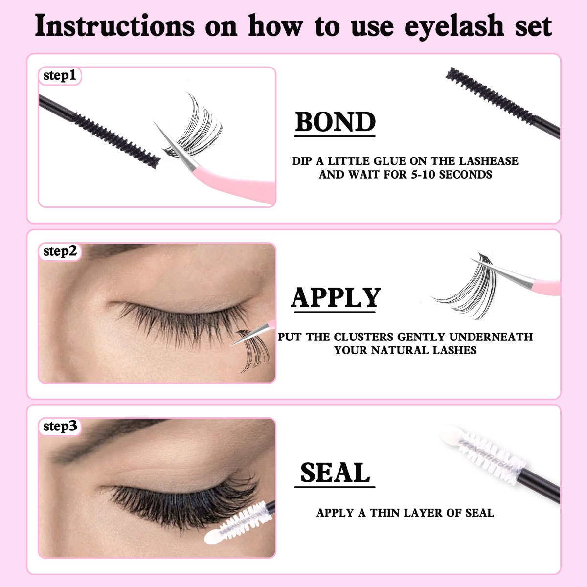 Kit d’extensions de cils DIY – cils naturels style fairy 30D/40D/50D/60D, longueurs mixtes 10-16 mm, courbure D, effet agrandissant les yeux, cils cartoon naturels, colle scellée et pince incluse