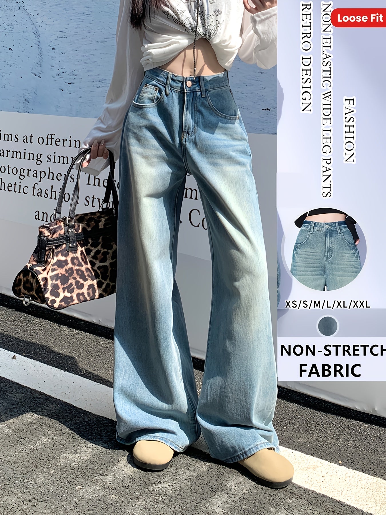 Jeans Femme Vintage Jambe Large Droite Non Extensible Taille Mi-Haute Toute Saison Décontracté et Formel