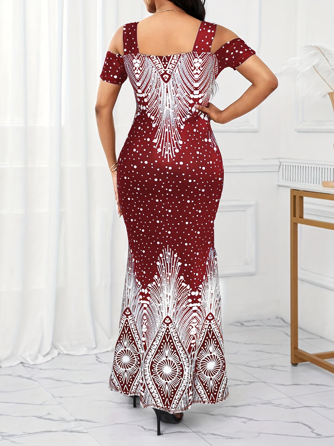 Women's Elegant Paisley Print Square Neck Off-Shoulder Evening Dress - Short Sleeve Bodycon Mermaid with Side Slit & Waist Accent, Machine Washable Summer Formal Party Wear, Evening Event Attire, Stretchy Fabric Gown, Comfort