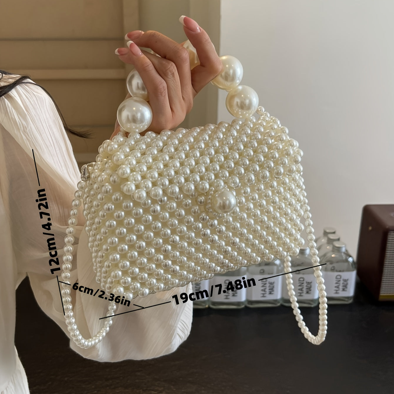 Sac à main femme chic perlé – Tissé à la main, multi-usage pour téléphone, shopping et soirées, sac fourre-tout/épaule, poignée en perles