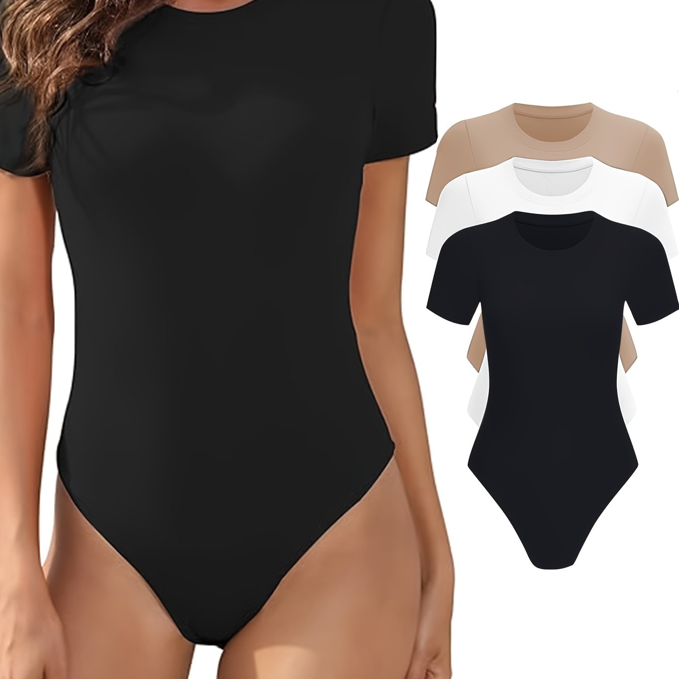 Lot de 3 bodys femme – manches courtes, col rond, coupe ajustée, basiques confortables