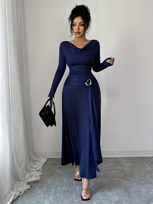 Women's Elegant Pile Neck Belted Wrinkle Dress - High-Elasticity Long Sleeve A-Line Maxi, Belted Waist Spring/Autumn Wedding Guest Party Attire, Machine Washable Solid Color Dress