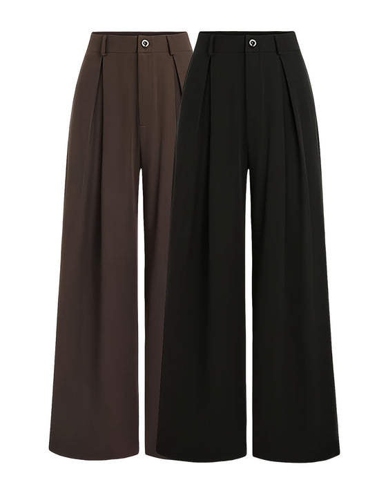 Lot de 2 Pantalons Femme Plissés Jacquard Vintage – Jambe Large, Couleur Unie