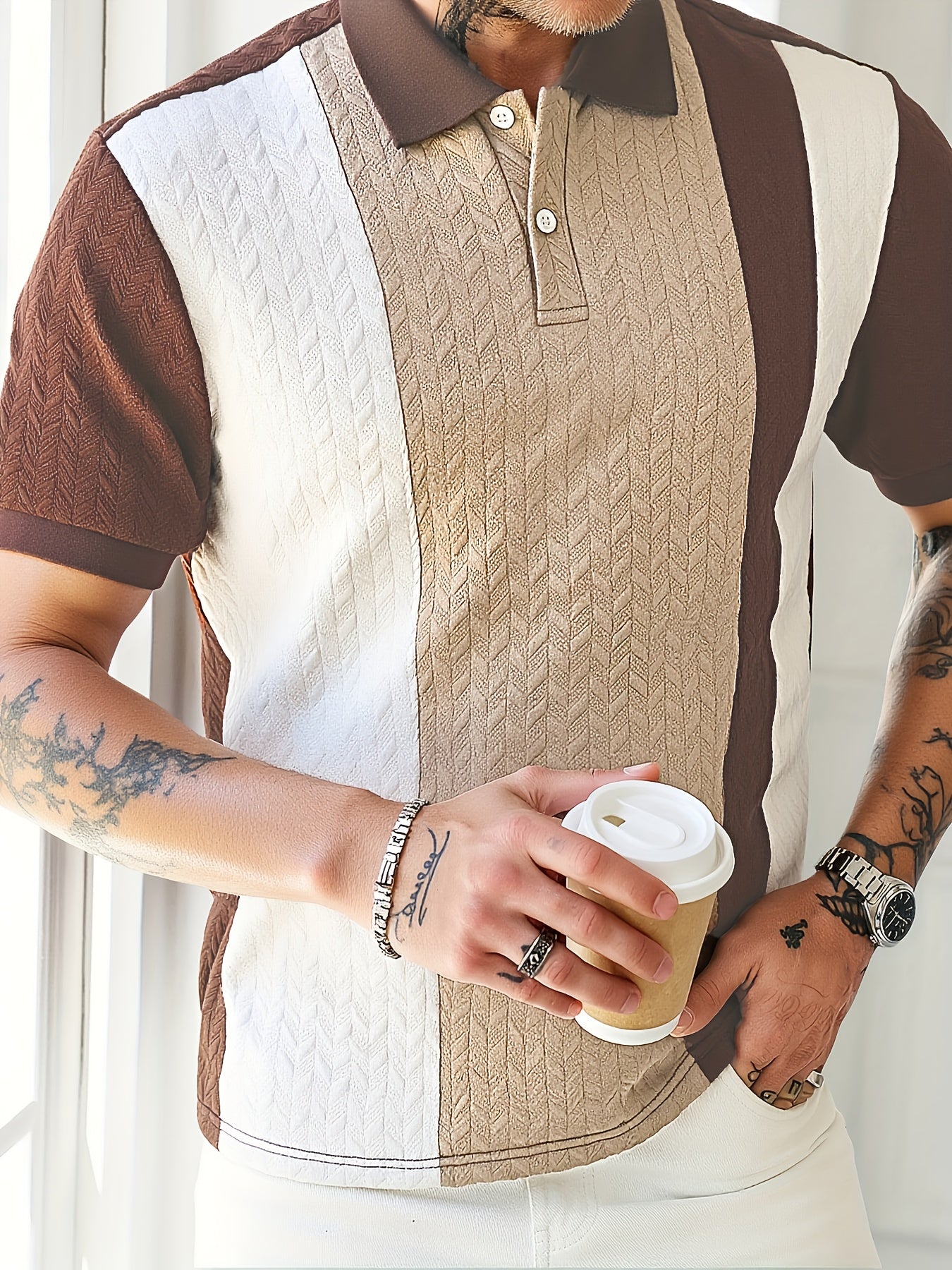 Men's Summer Shirt - Short Sleeve Geometric Pattern Button-Up Collar, Contrast Color Block Design, Breathable Knit Fabric, Machine Washable Casual Top for Office & Leisure, Relaxed Fit Apparel, Easycare Clothing