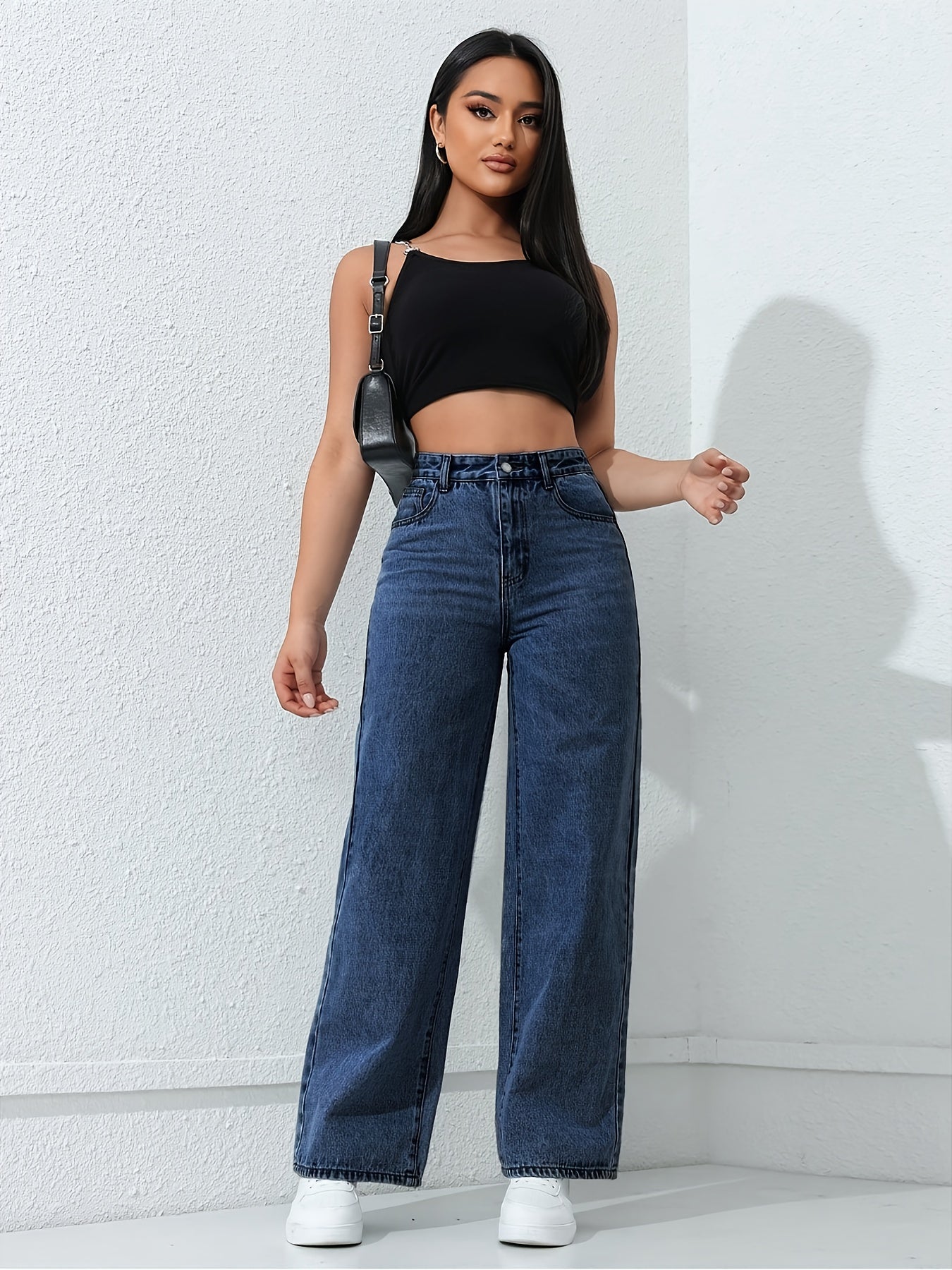 Jean ample à jambes droites pour femme avec poches, jean non extensible, jean taille haute style baggy, jean mom taille haute, jean à taille élastique