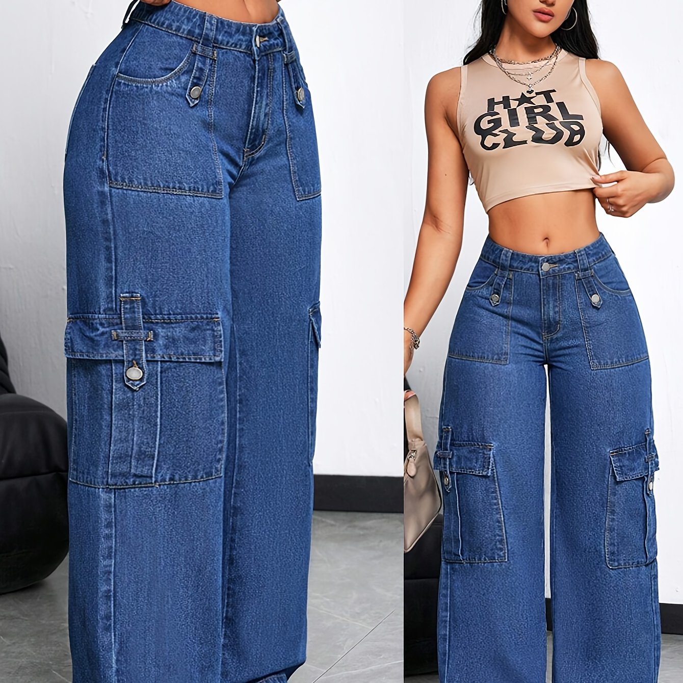 Jeans Cargo Femme Taille Haute – Denim Extensible Bleu Foncé, Jambe Droite avec Multiples Poches