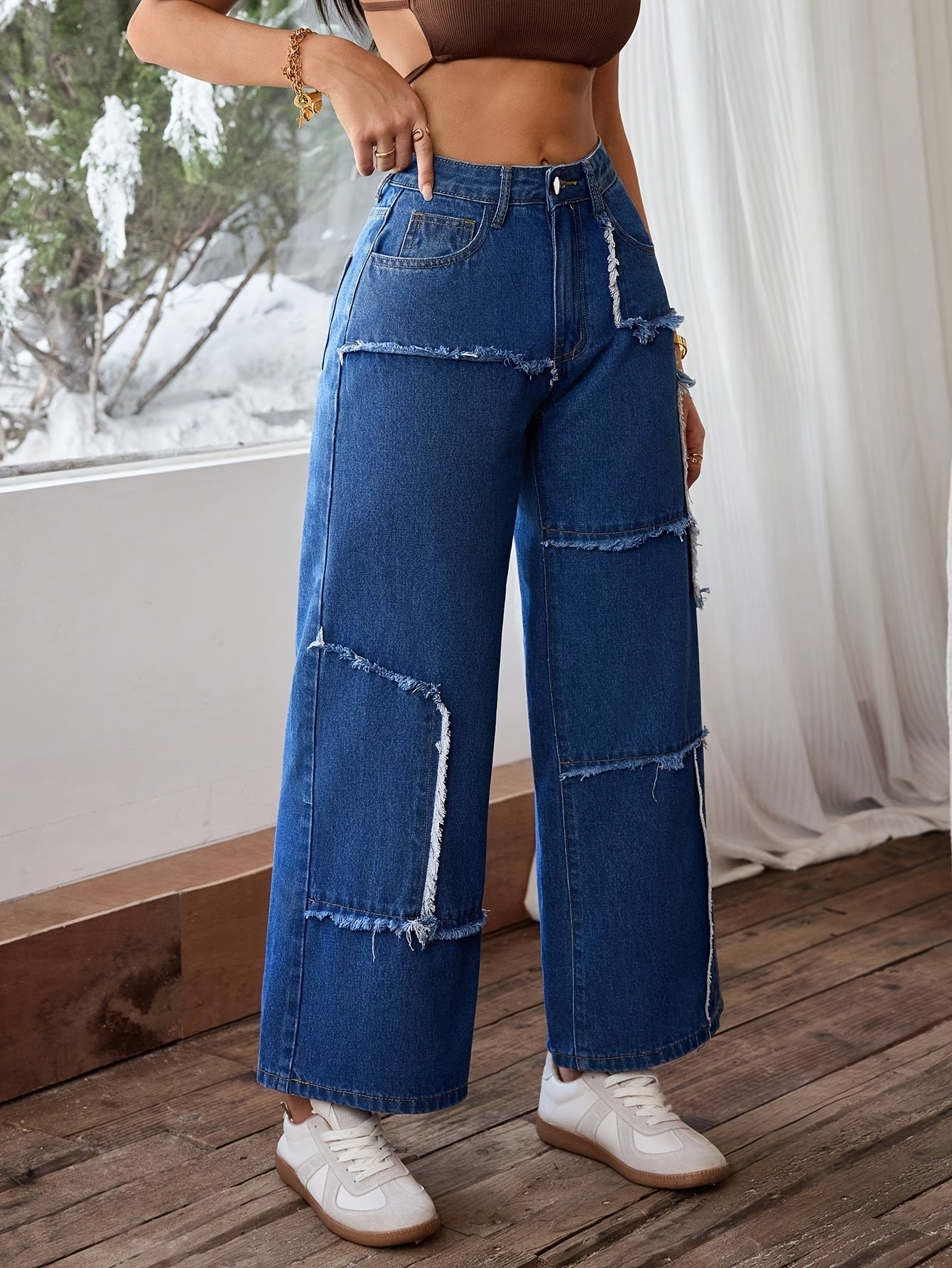 Pantalon Femme Taille Mi-Haute Denim Extensible Jambe Large Effet Déchiré Asymétrique Détail Franges Genou Confort Toute Saison Décontracté Streetwear