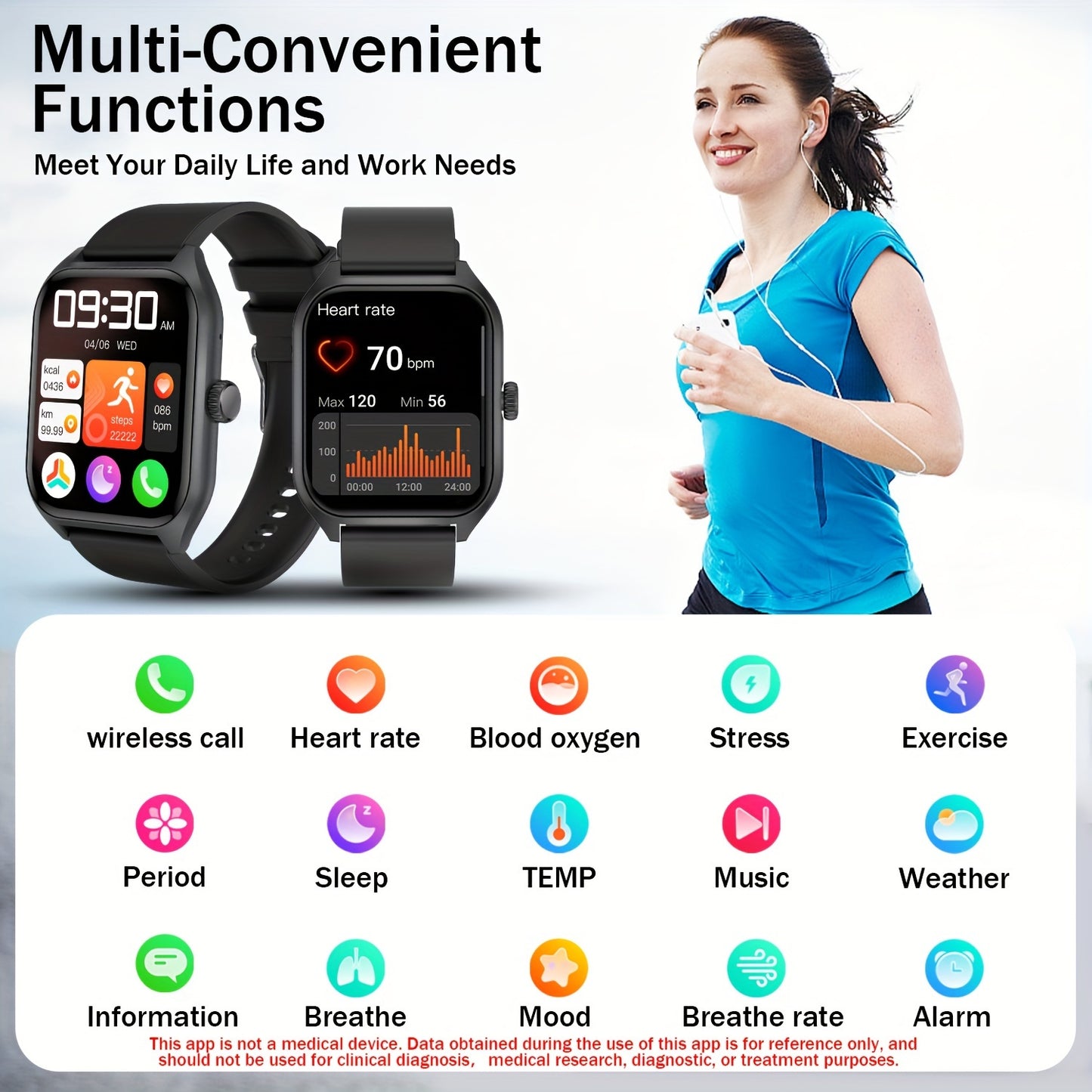 4.98cm Smart Watch with Body Temp/ Monitor, Smart Watch with Wireless Call (Answer/ Make/ Reject Calls) for Men Women, Fitness Activity Tracker with 100+ Sports Modes/ SOS/ Game/ AI Voice/ Calculator, Compatible with Android