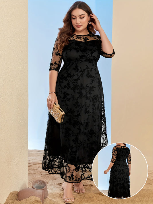 Robe Midi Élégante Femme – Imprimé Floral Noir, Tulle et Dentelle, Haut Ajusté Grande Taille, Jupe Flowy, Fermeture Zippée au Dos, Manches Longues, Idéale Soirées et Événements Formels, Travail Soigné et Sophistiqué